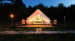 Tent glamping at dusk in forest