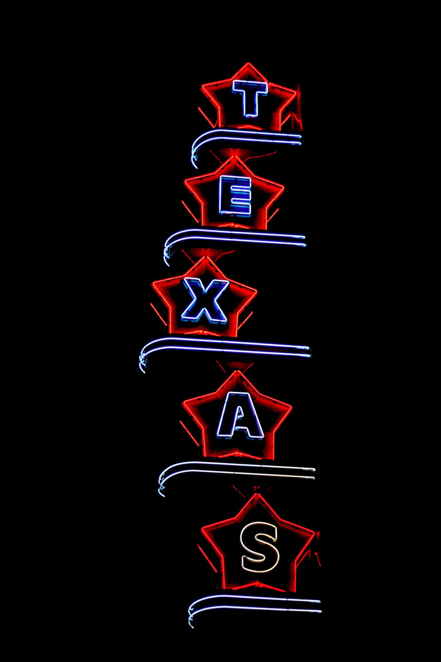 TMLIRP Lonestar State Symbols: From Bluebonnets to the Texas Longhorn Neon Stars Stacked Vertically Spelling 'Texas'